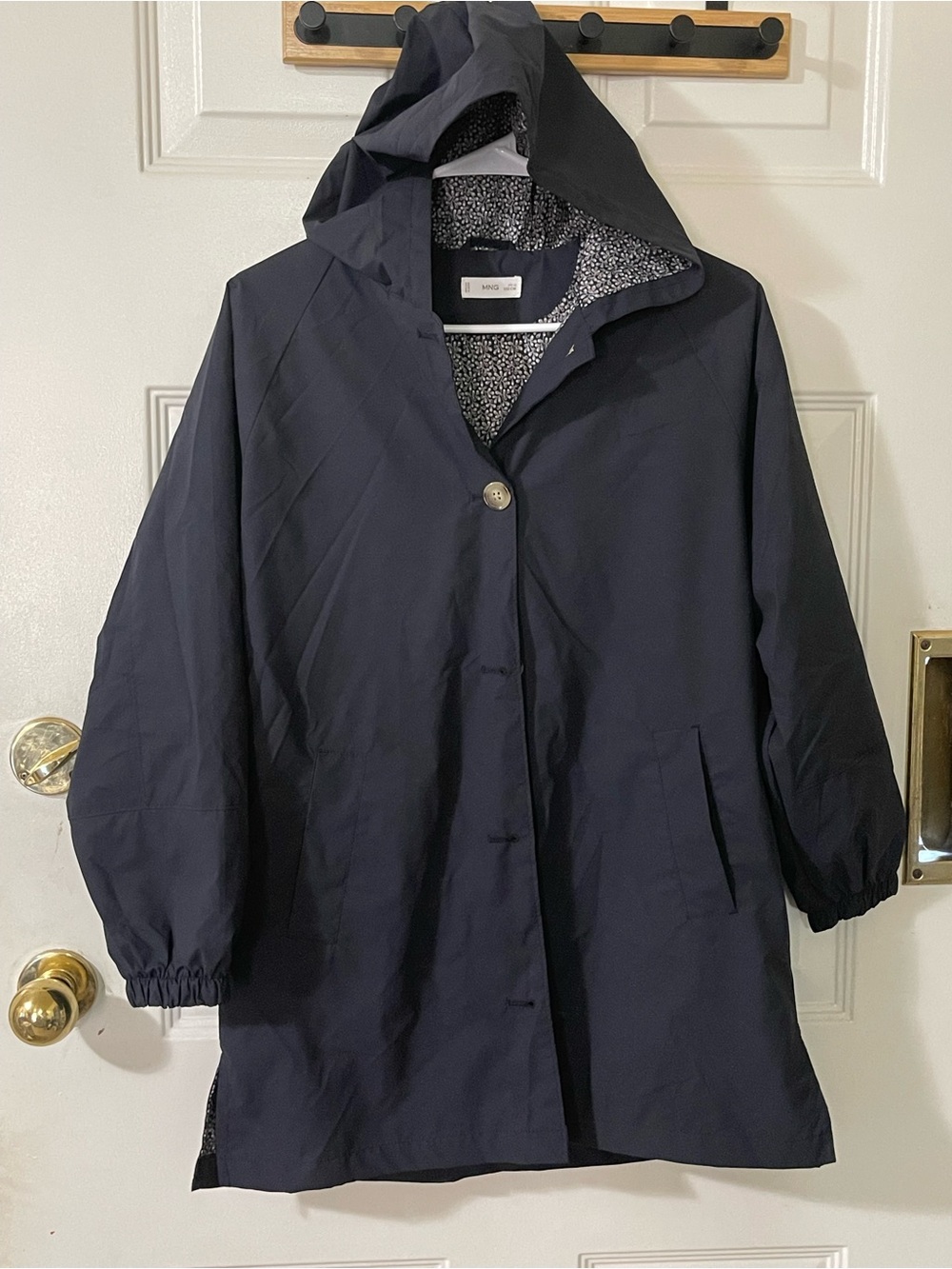 Mango Navy Hooded Raincoat with Printed Lining